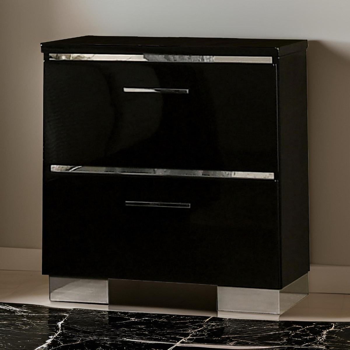 Sanctuary Two Drawer Nightstand with USB Charger, Chrome, Black