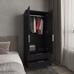 Vertex Armoire Double Doors, Two Drawes, Hanging Rod An Interior Shleves, Wardrobe, Black