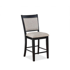 Farmhouse Style 2pc Black Light Gray Counter Height Chair Bar Stool Footrest Upholstered Back Seat Wooden Furniture