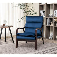 Mid-Century Modern Dark Blue Accent Chair with Wood Armrest, Upholstered Reading Chair for Living Room Bedroom