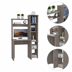 Light Grey 6-Shelf Writing Desk with Built-in Bookcase