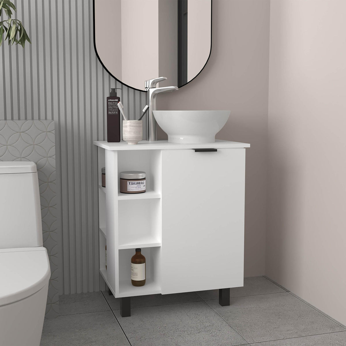 Cosmos Vessel Sink Vanity With One Door Storage And Open Shelves, Freestanding Bathroom Cabinet, White