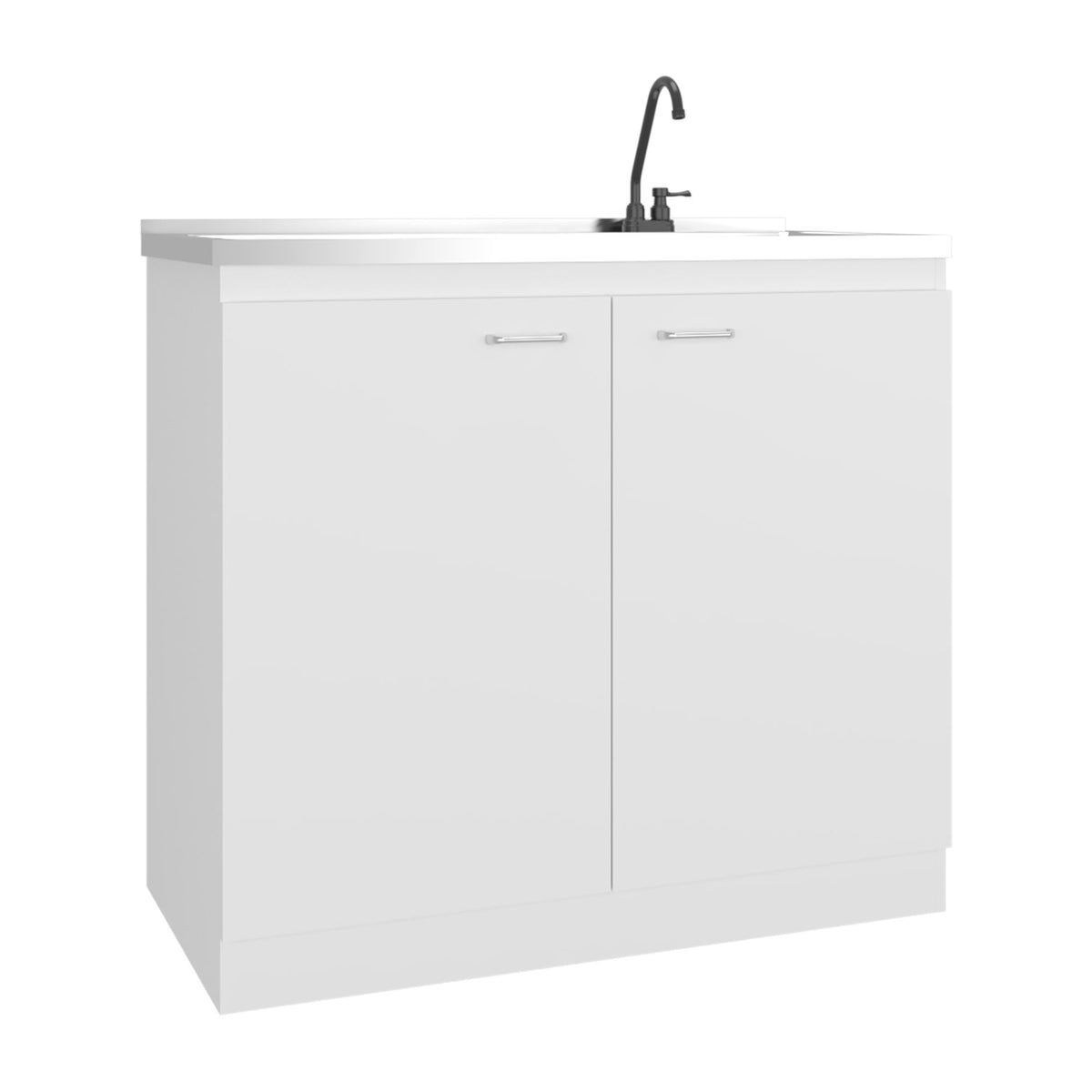 Pulsar Utility Sink with Faucet Inclued and Integrated Stainless Steel Counter top, Freestanding cabinet with two doors, Metal Handles and Two interior shelves, White