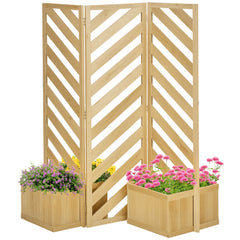 Decorative Outdoor Privacy Screen, Freestanding Divider/Separator with 4 Self-Draining Planters, 3 Trellis Plant Support Panels for Garden Walkway, Backyard, Natural Wood