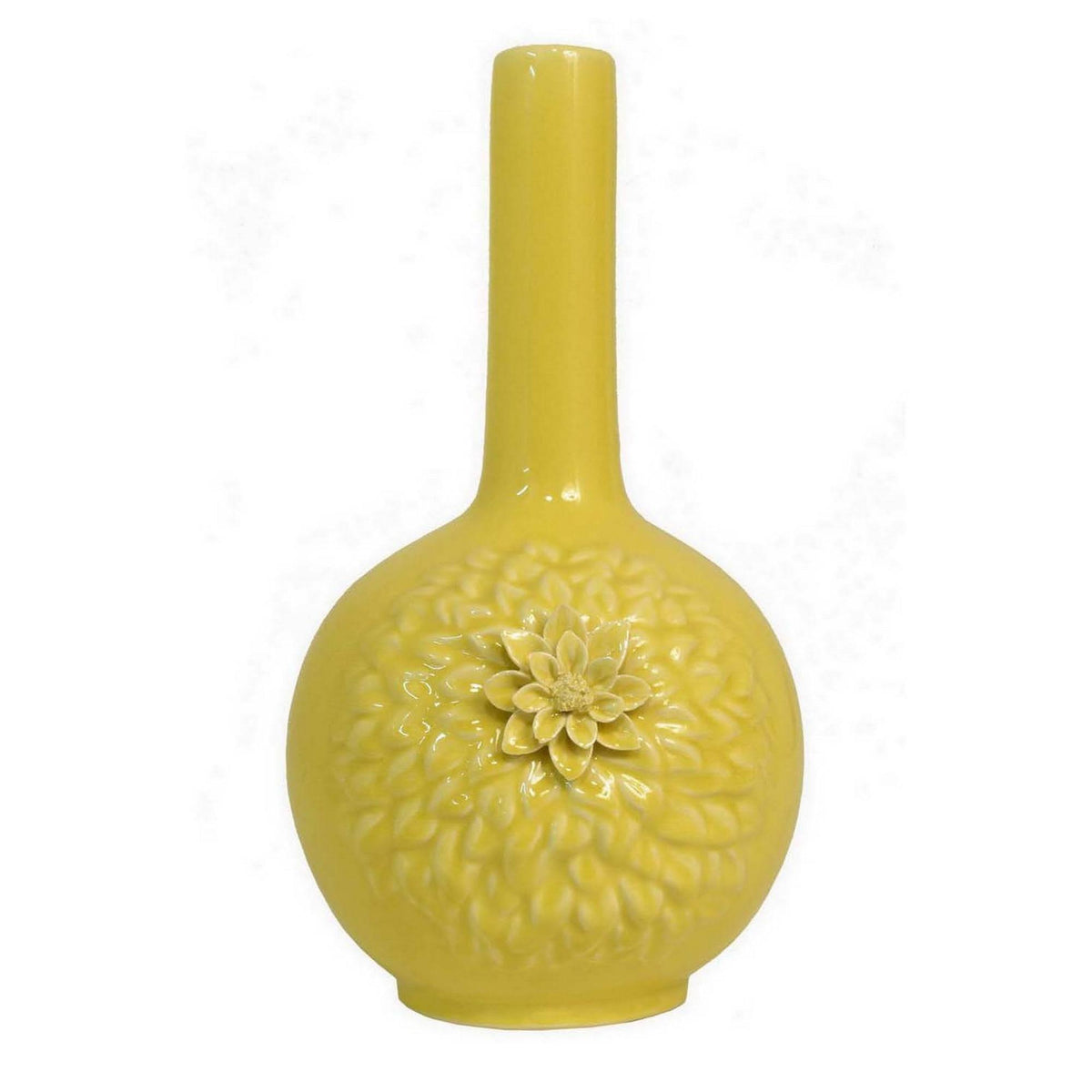 Rhea Flower Vase, Narrow Neck, Yellow Ceramic w Floral Motifs, 16 Inch