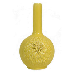 Rhea Flower Vase, Narrow Neck, Yellow Ceramic w Floral Motifs, 16 Inch