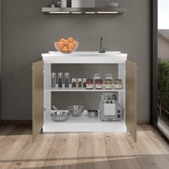 Pulsar Utility Sink with Faucet Inclued and Integrated Stainless Steel Counter top, Freestanding cabinet with two doors, Metal Handles and Two interior shelves, Natural+White