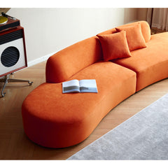 132" Curved Sofa with Throw Pillows, 6 Seater Luxury Velvet Couch with Half Moon Design and High-Density Foam, Ideal for Modern Living Room, Office & Apartment, Red Orange
