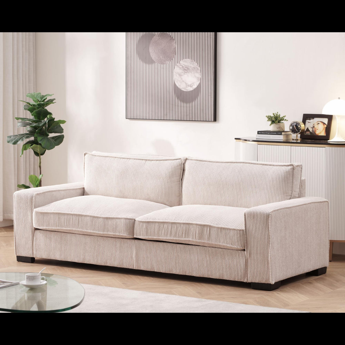 Odysseus Corduroy Sofa with Sleek Design, Spacious and Comfortable 3 Seater Couch for Modern Living Room, Ideal for Entertainment and Cozy Moments, Large, Beige