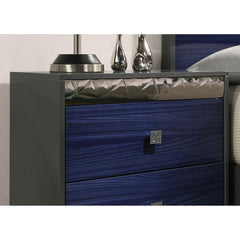 Glam Style 1pc Nightstand Chrome Molding Metal Side Glide Ash Gray And Indigo Blue Finish Bedroom Furniture