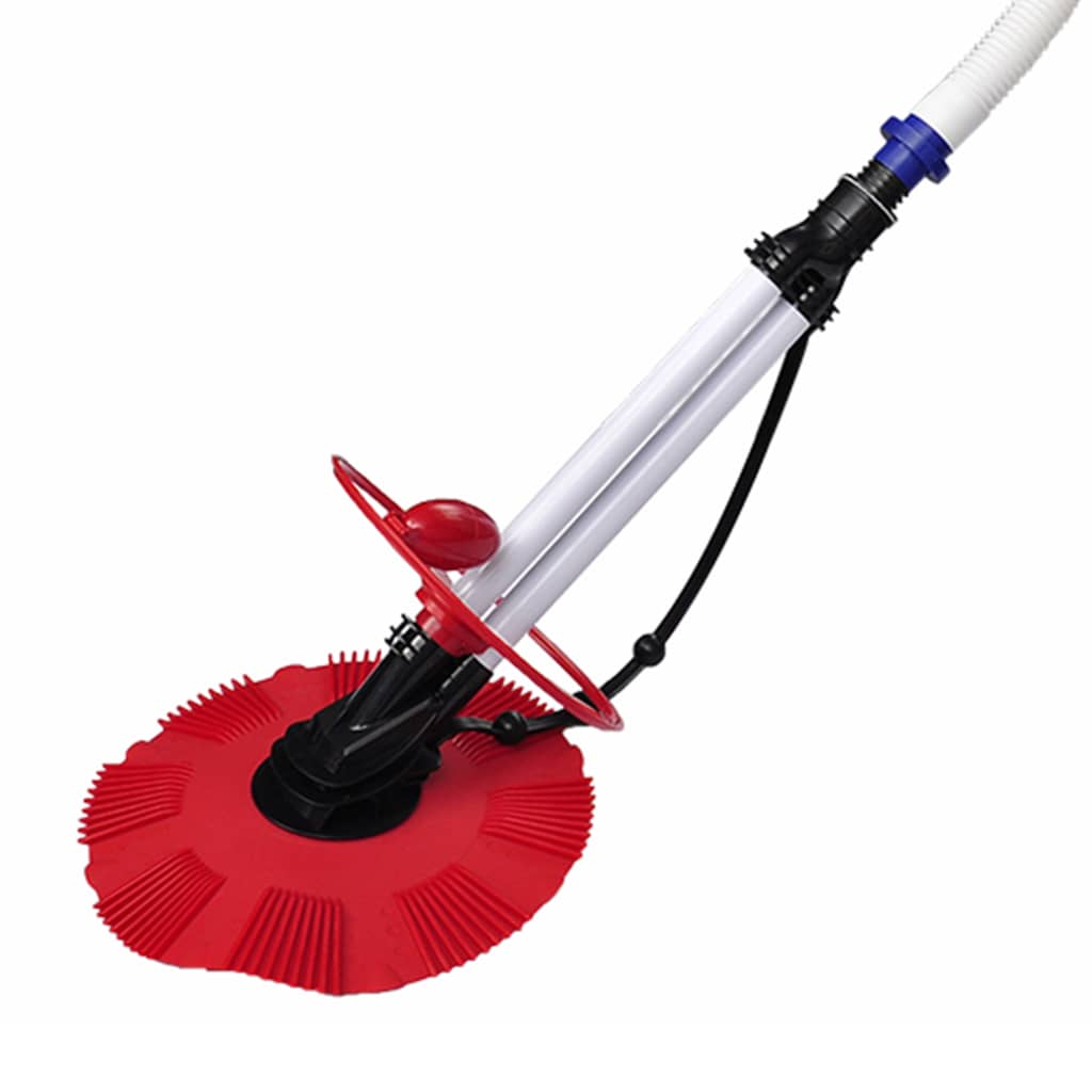 Red automatic pool vacuum cleaner with white hoses and blue connectors.