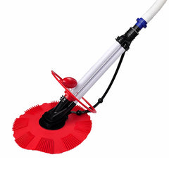 Red automatic pool vacuum cleaner with white hoses and blue connectors.