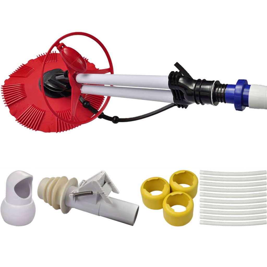 Red automatic pool bottom cleaner with white hoses, yellow weights, and connectors.