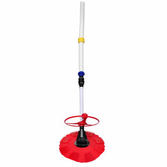 White automatic pool bottom cleaner with red disc, blue connector, and yellow-weighted white hose.