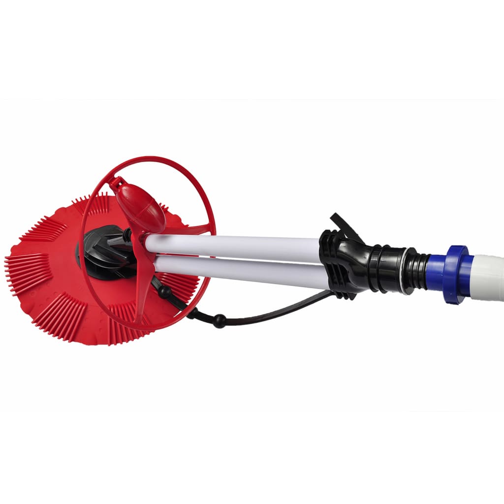Red automatic pool bottom cleaner with white poles and blue hoses attached.