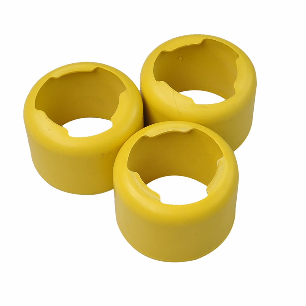 Three yellow rubber hose connectors with notched edges for pool cleaner assembly.