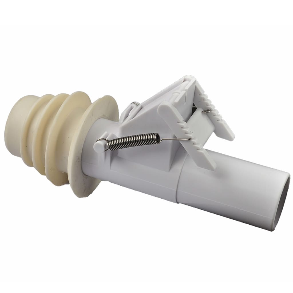 White automatic swimming pool bottom cleaner with attached hoses and regulator valve.