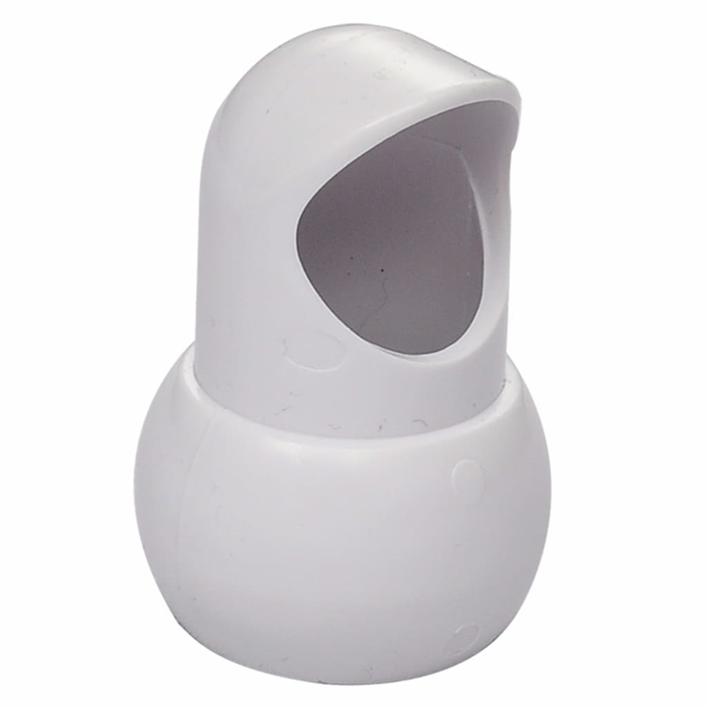 White automatic swimming pool bottom cleaner with curved hood and attached hoses.