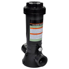Black inline chlorine feeder with 1.5-inch pipe threads for pools up to 3354.9 cubic feet.