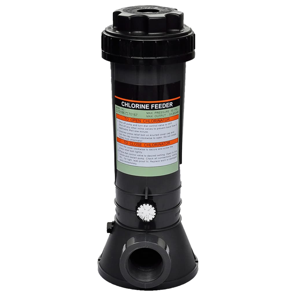 Black Bostome automatic chlorine feeder with 1.5-inch pipe threads for pools up to 3354.9 cubic feet.