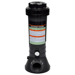 Black Bostome automatic chlorine feeder with 1.5-inch pipe threads for pools up to 3354.9 cubic feet.