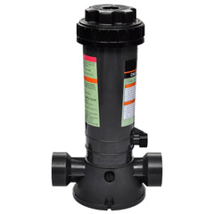 Black plastic automatic chlorine feeder with 1.5-inch pipe threads and control dial.