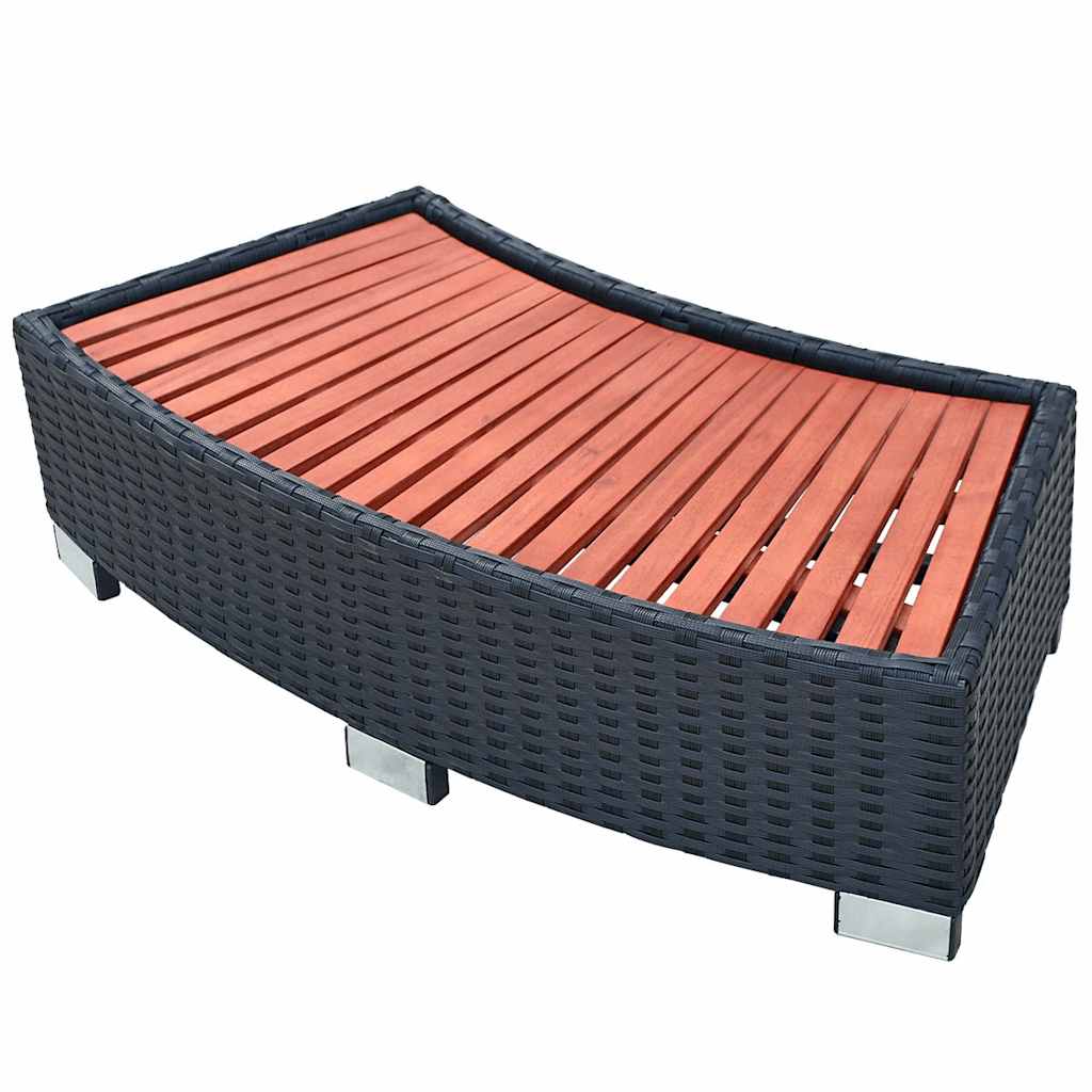 Black poly rattan spa step with curved eucalyptus slats on a woven base, 36.2x17.7x9.8 inches.