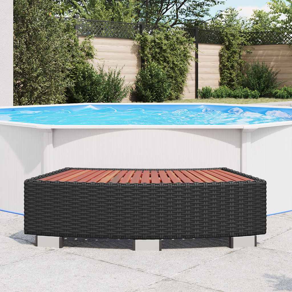 Black poly rattan spa step with wood slats, 36.2x17.7x9.8 inches, beside an above-ground pool.