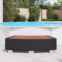 Black poly rattan spa step with wood slats, 36.2x17.7x9.8 inches, beside an above-ground pool.