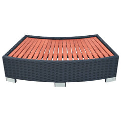 Black poly rattan spa step with curved orange slatted top and metal feet.