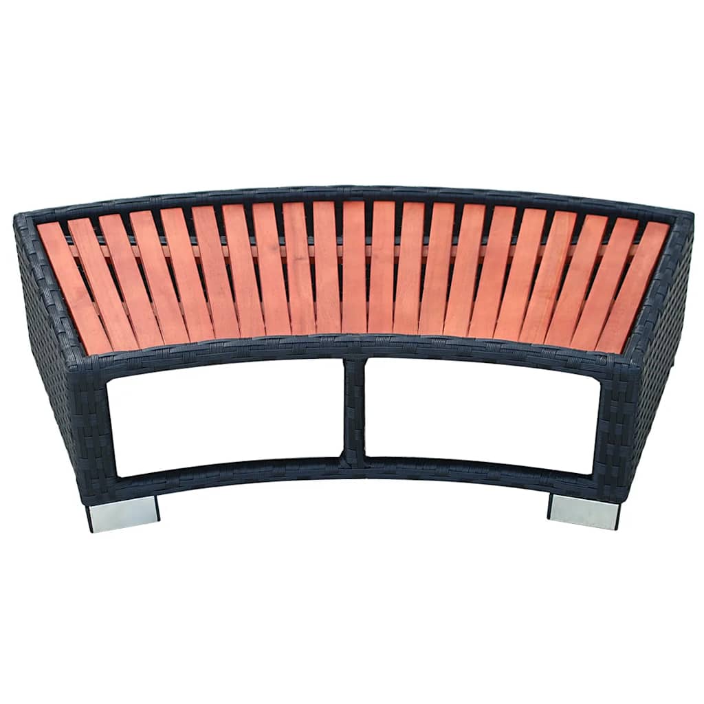 Black poly rattan spa step with curved slatted seat and metal legs, 36.2x17.7x9.8 inches.