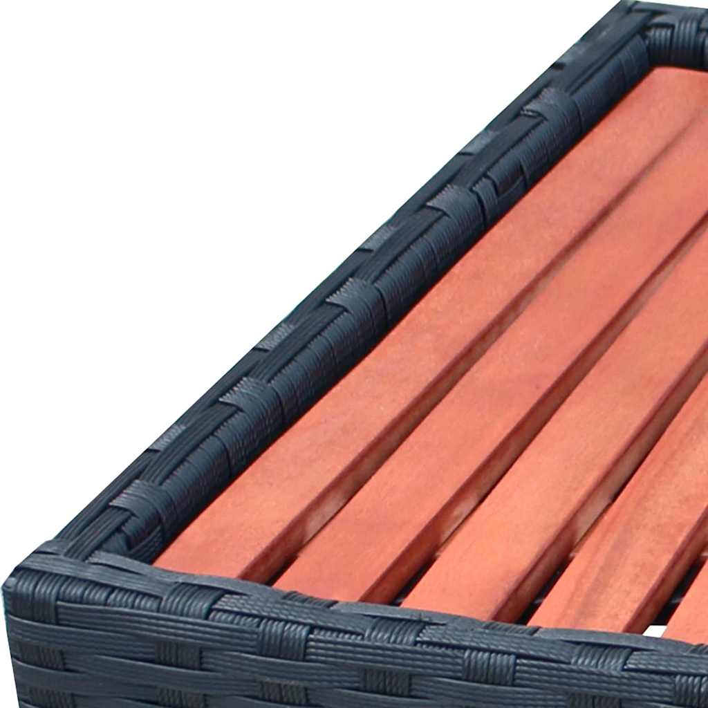 Black poly rattan spa step with slatted red wood top and woven frame.