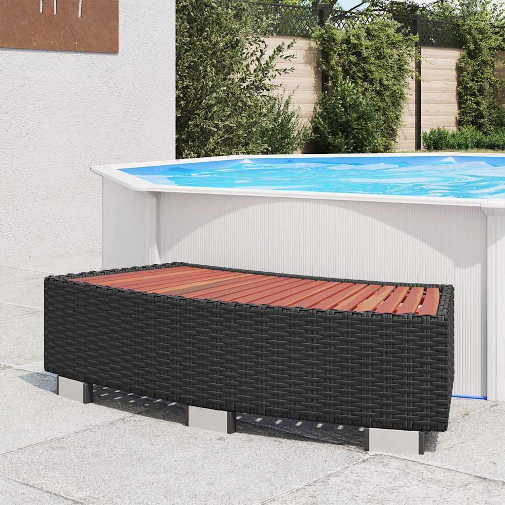 Black poly rattan spa step with red slats, 36.2x17.7x9.8 inches, beside an above-ground pool.