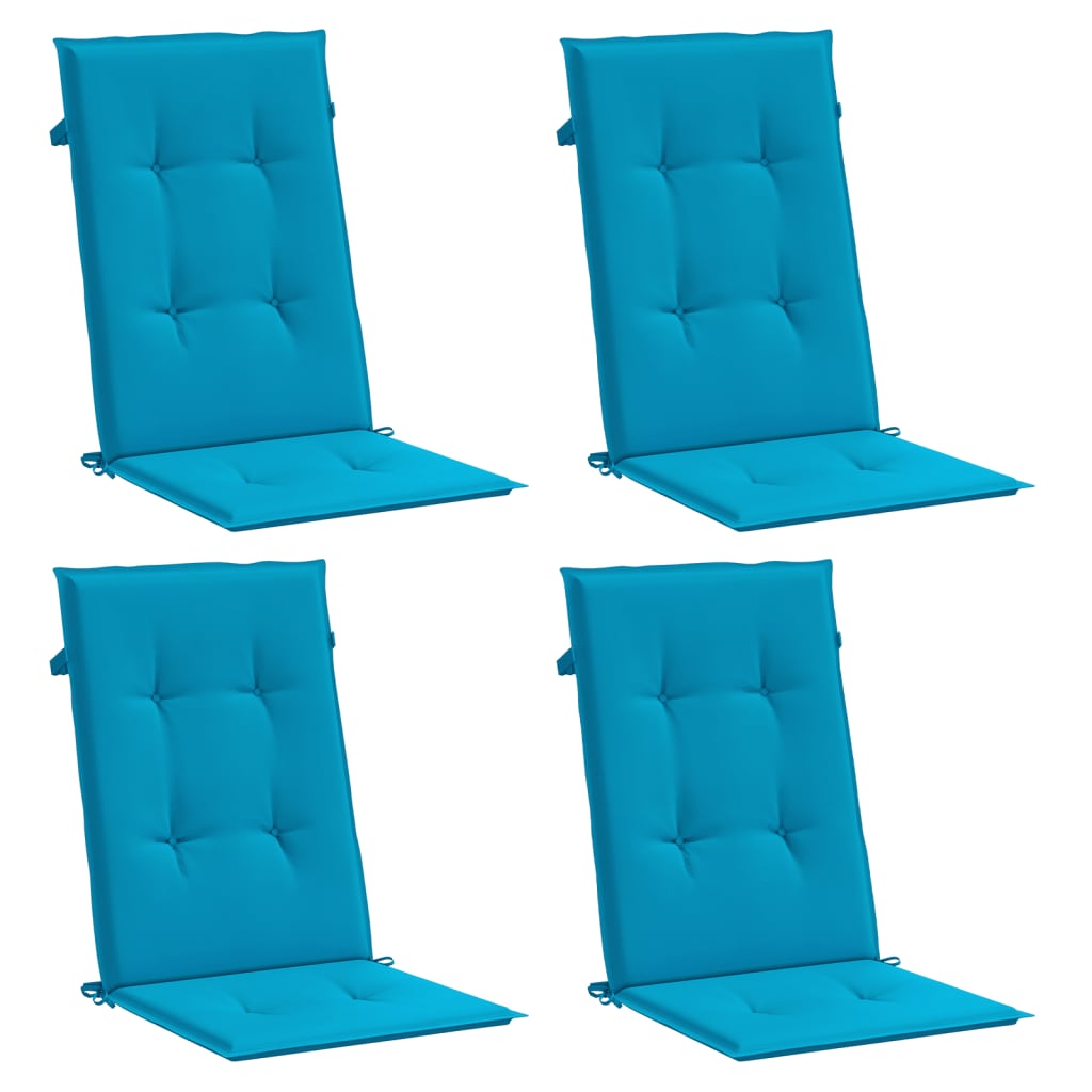 Four blue polyester highback chair cushions, each 47x20 inches, with ties and straps.