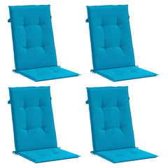 Four blue polyester highback chair cushions, each 47x20 inches, with ties and straps.