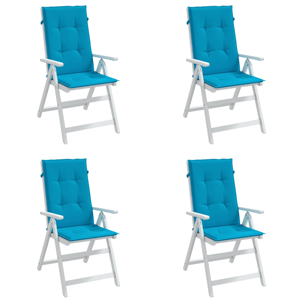 Four blue polyester highback chair cushions, each 47x20 inches, with ties and straps.