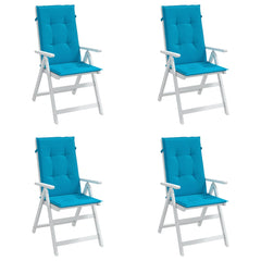 Four blue polyester highback chair cushions, each 47x20 inches, with ties and straps.