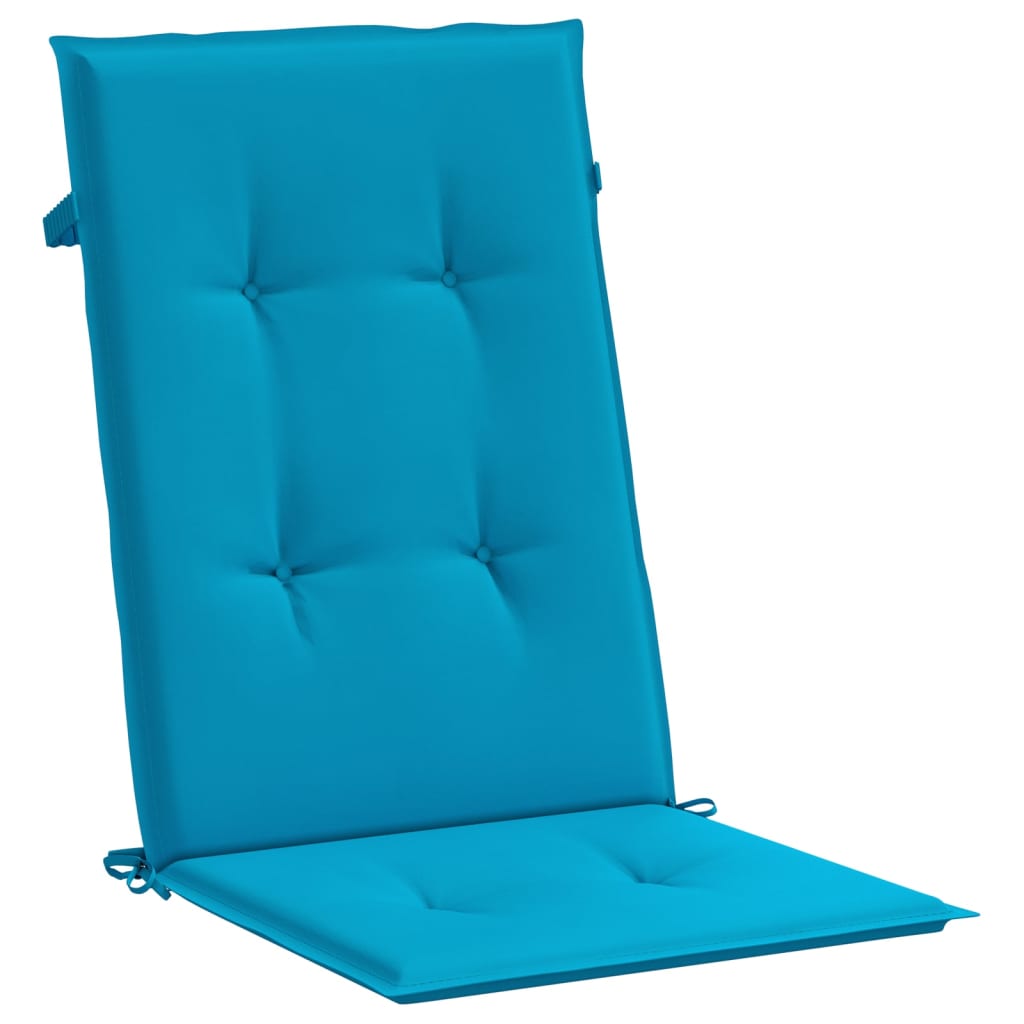 Blue polyester highback chair cushions, 47x20 inches, shown in pack of four.