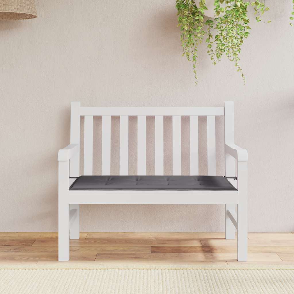 Anthracite Oxford fabric garden bench cushion, 39.4x19.7x1.6 inches, on white wooden bench.