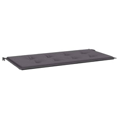 An anthracite gray garden bench cushion with tufted details and tie ropes.
