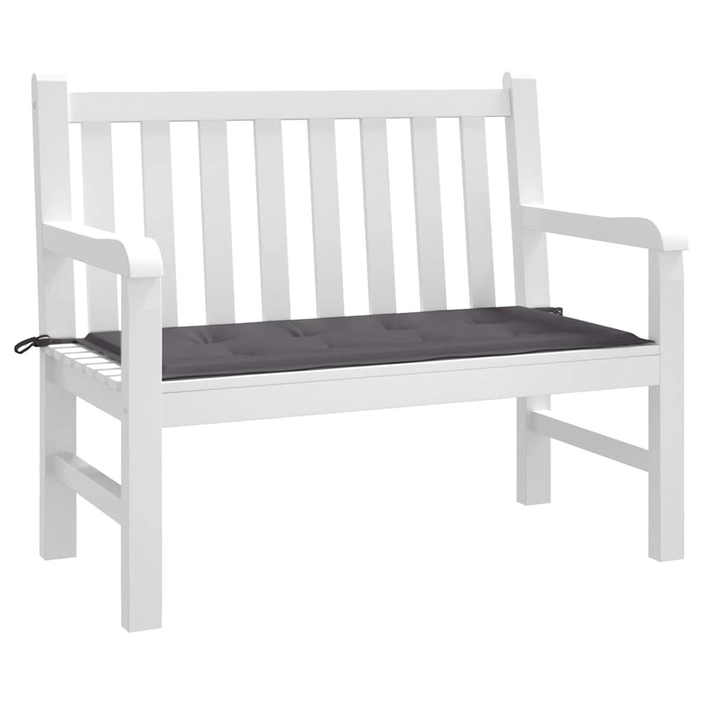 Anthracite garden bench cushion in Oxford fabric, sized 47x20x2 inches, with tie-down straps.