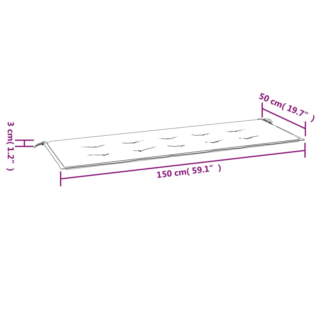 Diagram of a rectangular garden bench cushion measuring 59 inches long, 20 inches wide, and 1 inch thick.