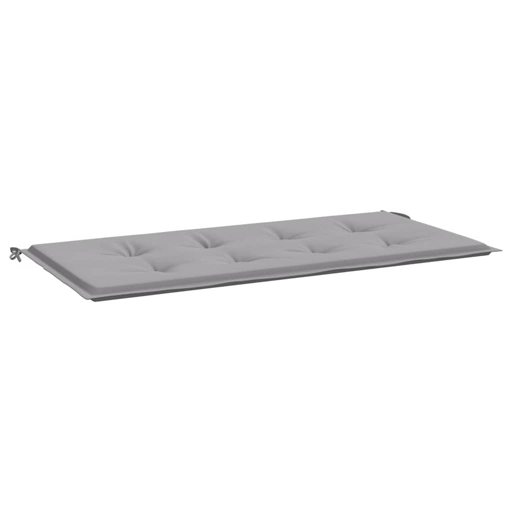 A gray rectangular bench cushion with tufted details and ties on the left end.