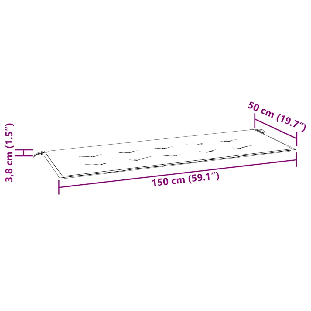 Gray Oxford fabric garden bench cushion measuring 59.1 x 19.7 x 1.6 inches with tie attachments.