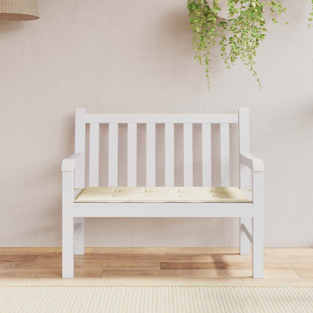 Cream Oxford fabric garden bench cushion, 39.4x19.7x1.6 inches, on white bench.