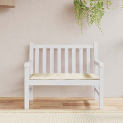 Cream Oxford fabric garden bench cushion, 39.4x19.7x1.6 inches, on white bench.