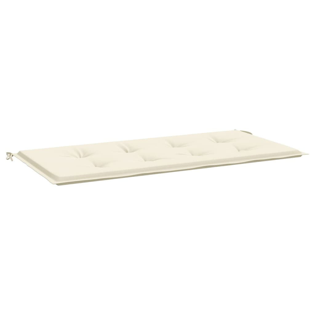 Cream garden bench cushion in Oxford fabric, 47x20x1 inches, with corner ties.
