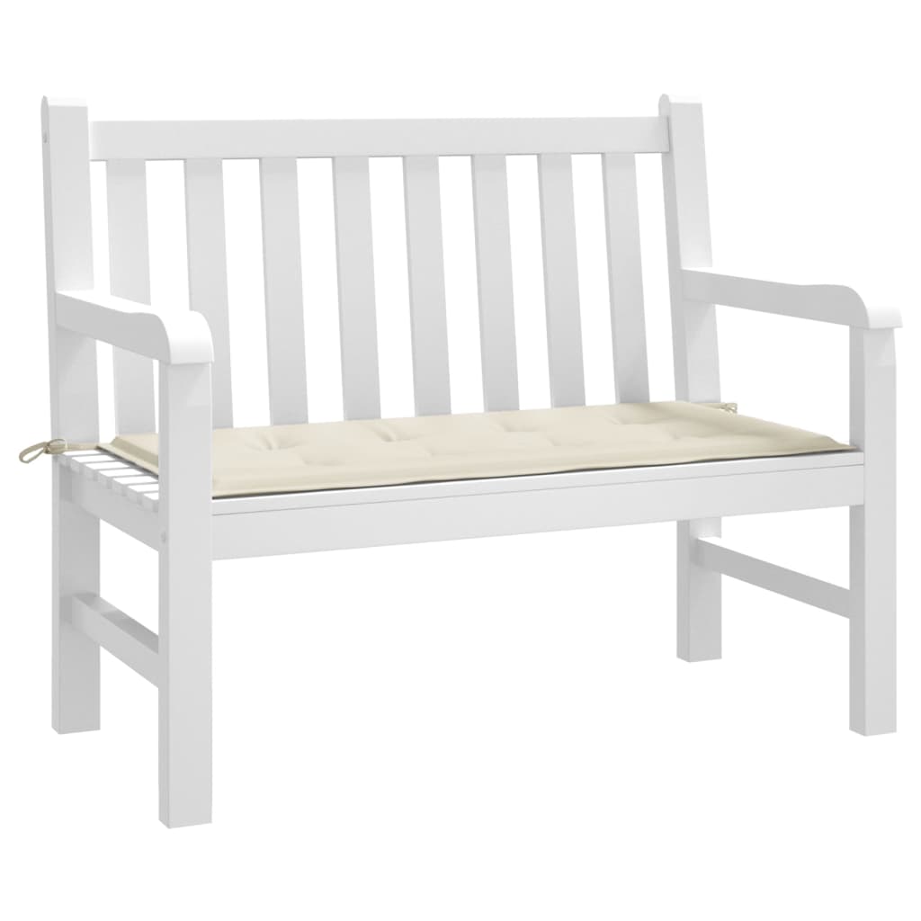 Cream garden bench cushion in Oxford fabric, 47x20x1 inches, with corner ties.