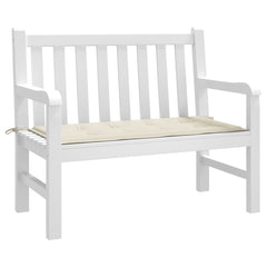Cream garden bench cushion in Oxford fabric, 47x20x1 inches, with corner ties.