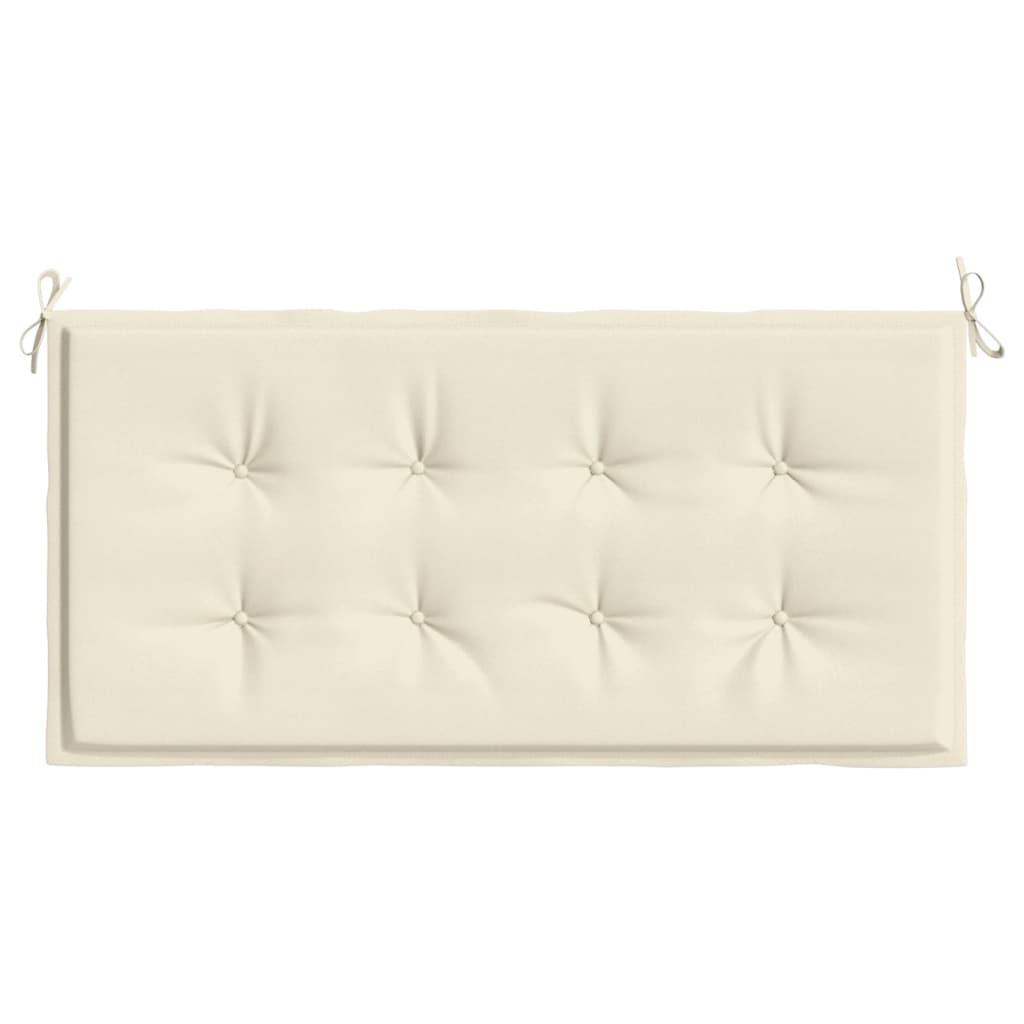 Cream garden bench cushion in Oxford fabric, 47x20x1 inches, with tufted surface and corner ties.